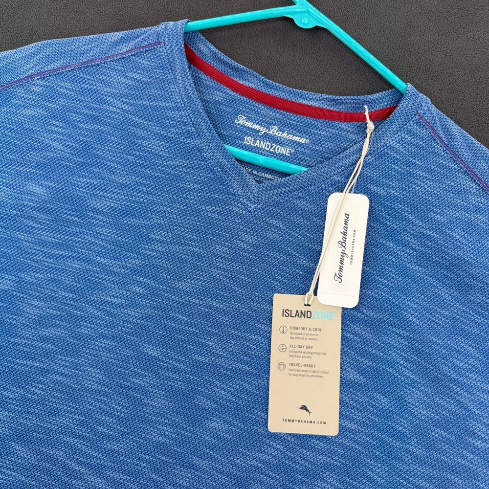 Tommy Bahama IslandZone Mens Large Blue V-Neck T-Shirt Coolmax Tencel NEW